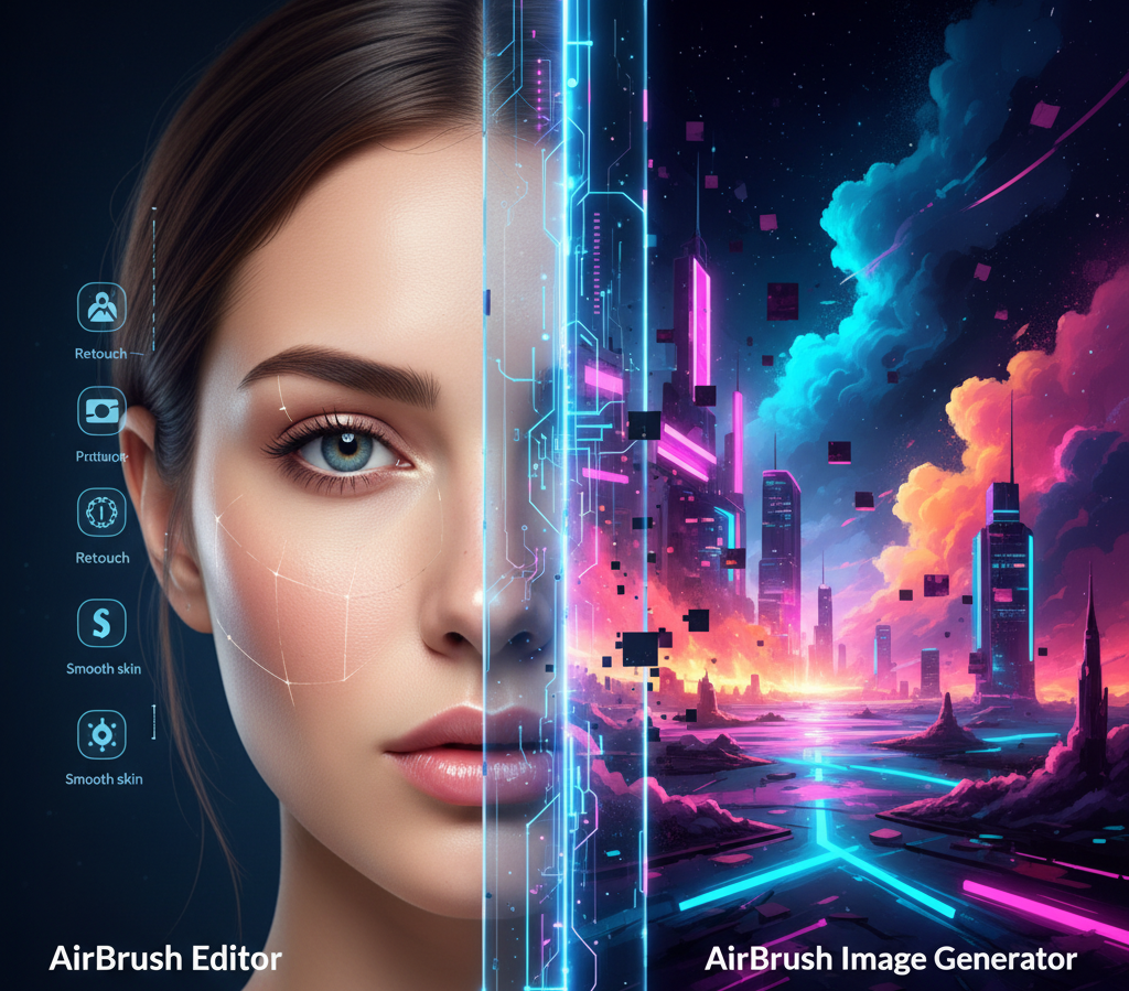 A striking digital image that highlights the dual role of Airbrush AI. On the left, half of a woman's face is shown with superimposed AI photo editing icons, indicating features like 'Retouch' and 'Smooth skin,' representing the AirBrush Editor functionality. On the right, a bright, futuristic cityscape is generated with neon lights and glowing roads against a cosmic sky, illustrating the creative power of the AI Image Generator. The two halves are divided by a vertical, glowing blue digital line with microchip-like patterns, symbolizing the underlying connecting AI technology.