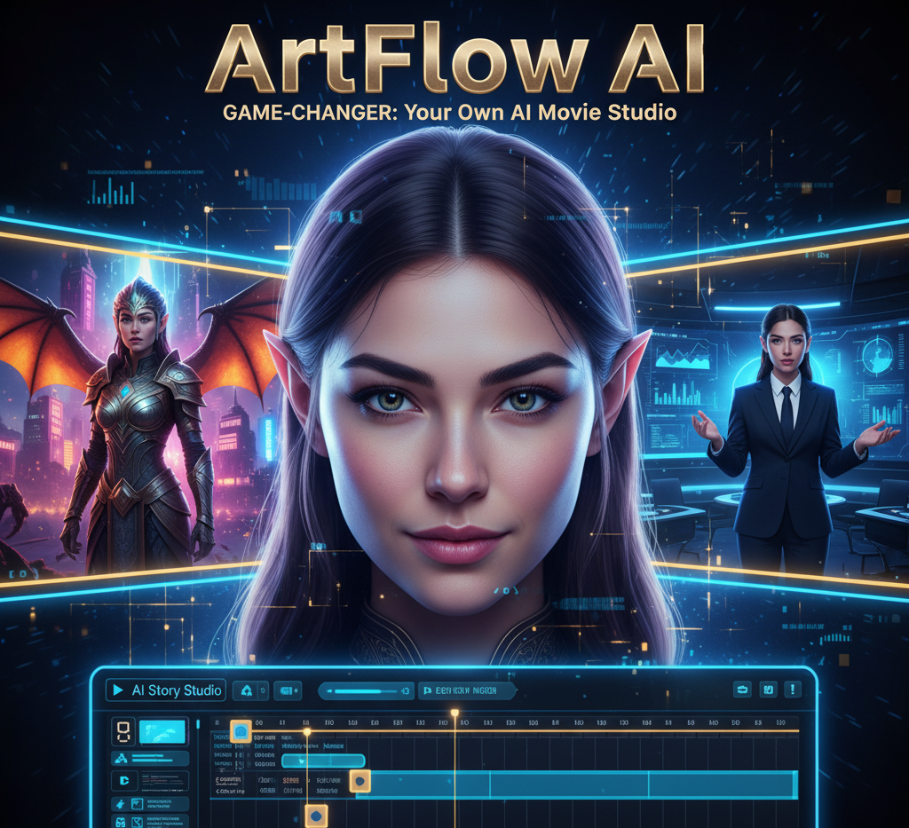 A stunning AI-generated visual illustrating the power of ArtFlow AI. The center features a hyper-realistic AI Actor's face, while the background shows a Split Screen montage of the same character in different roles a fantasy warrior on one side and a business presenter on the other. Blue lines representing a Digital Video Timeline are integrated, emphasizing ArtFlow's unique AI Actor Consistency and Video Storytelling capabilities.