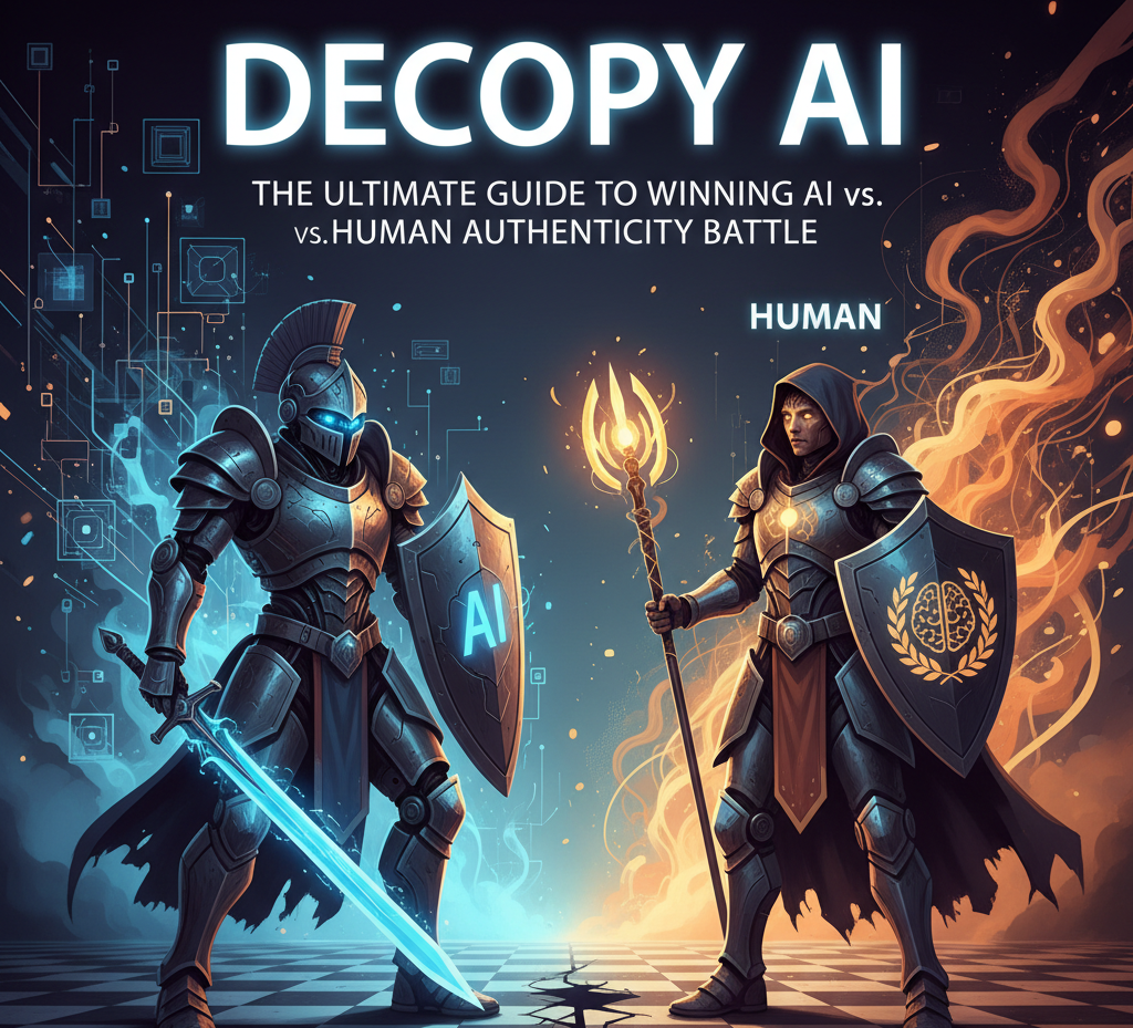 A battle scene with two armored figures facing each other. One represents AI, with a futuristic, knight-like armor and a glowing blue sword. The other represents a human, dressed in dark robes, holding a fiery staff. They are standing on a chessboard-like ground, with data streams and code in the background, symbolizing the conflict between technology and human authenticity.