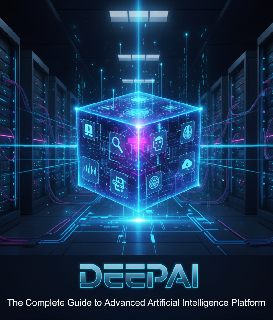 A glowing blue holographic cube displaying various AI-related icons (like a brain, search, cloud, data analytics) at the center of a futuristic server room with rows of data racks and neon lights. The text 'DEEPAI: The Complete Guide to Advanced Artificial Intelligence Platform' is prominently displayed below