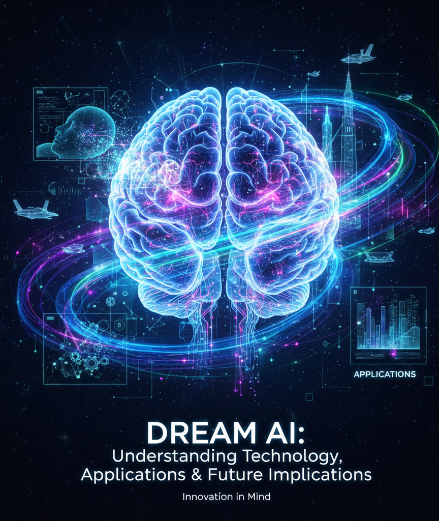 A holographic brain in neon blue and pink, surrounded by futuristic AI neural networks and data streams. Flying cars and modern cityscapes are visible in the background, accompanying the text 'DREAM AI: Understanding Technology, Applications & Future Implications