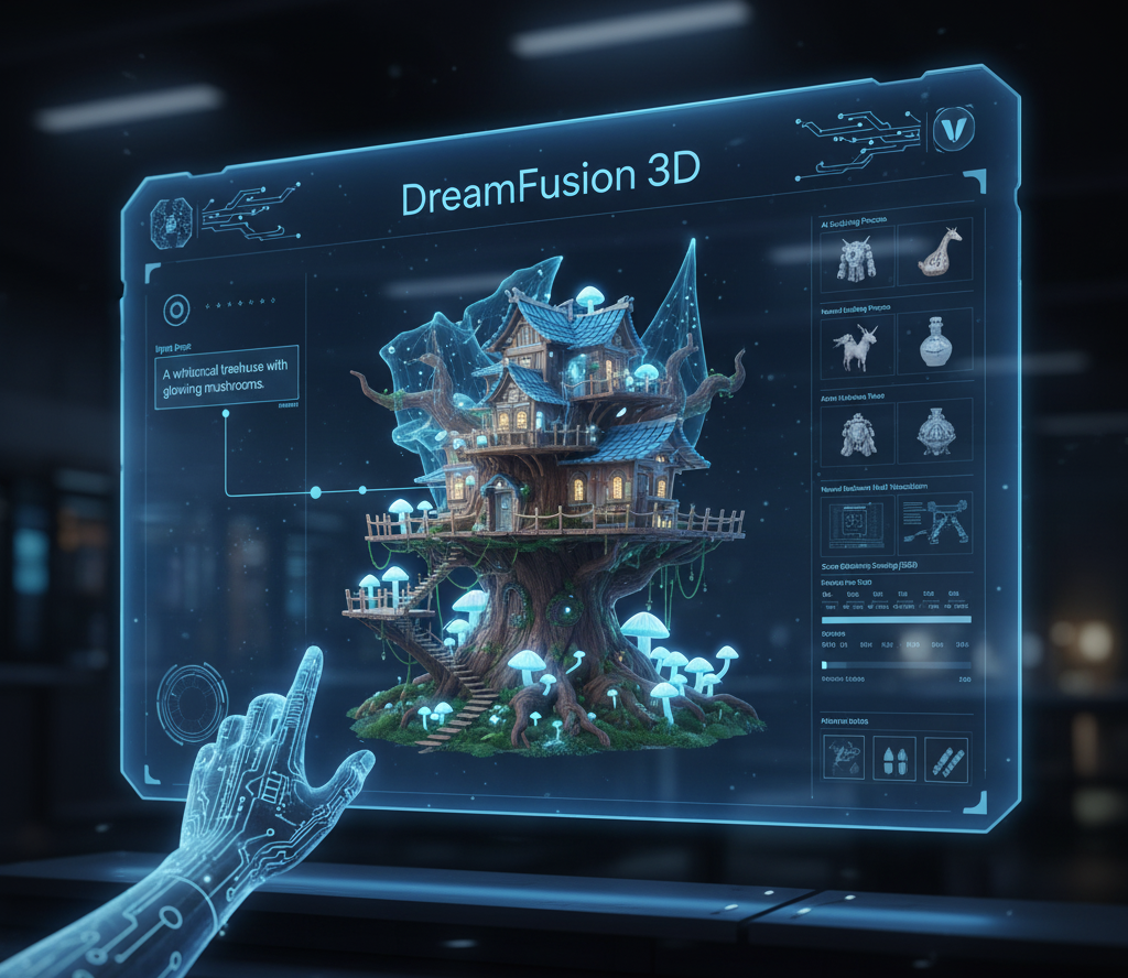 A futuristic user interface for DreamFusion 3D with the name prominently displayed. It shows a text prompt converting into a complex, photorealistic 3D model, demonstrating AI sculpting and text-to-3D generation.