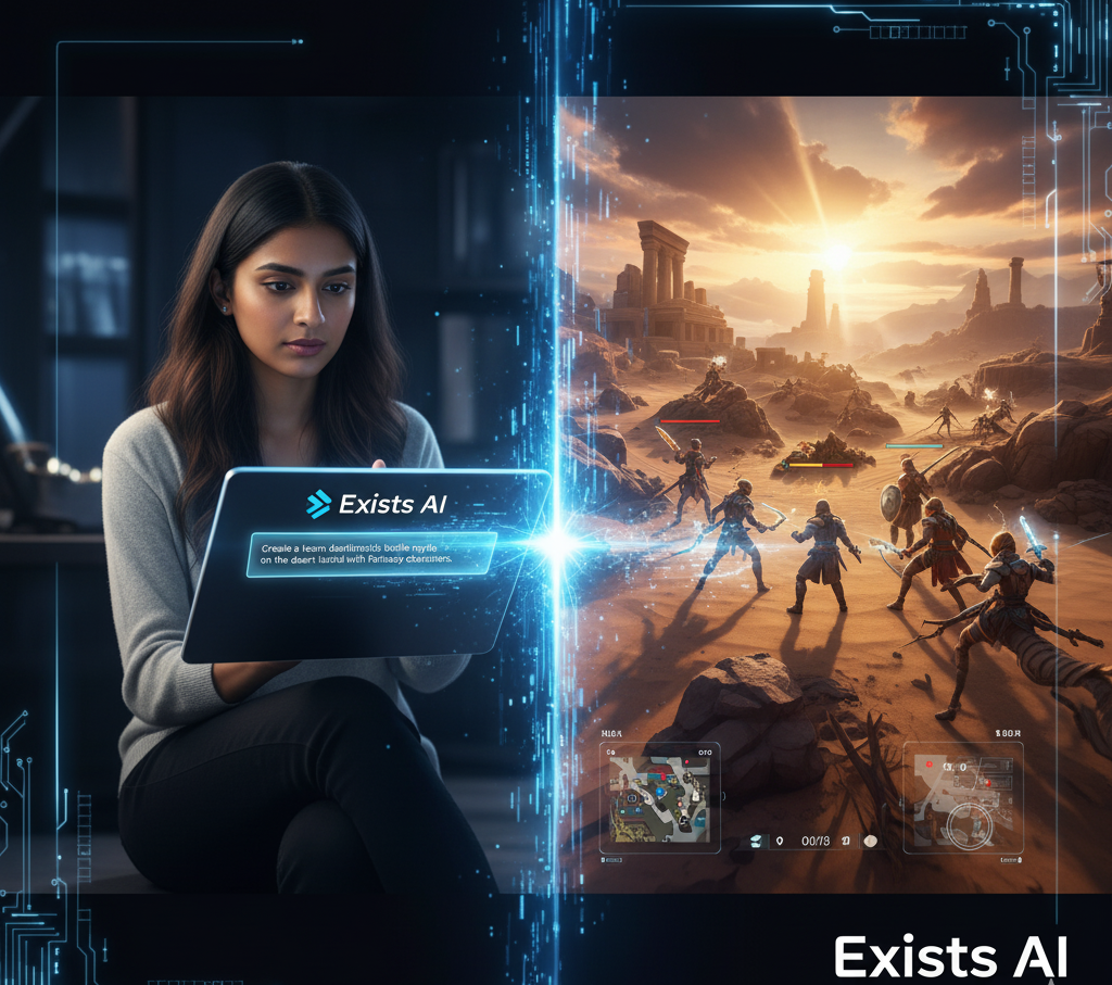 A futuristic split image showcasing Exists AI. On the left, a focused woman is interacting with a glowing holographic tablet displaying the "Exists AI" interface and a text prompt for game creation. On the right, a visually rich, AI-generated desert island battle royale game scene is shown, complete with characters and in-game UI, representing the immediate result of the text-to-game process