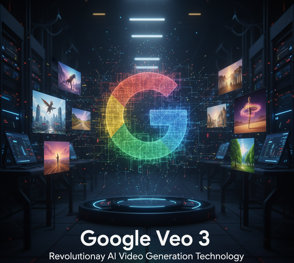 A vibrant, neon-lit Google logo, composed of intricate network lines, stands at the center of a dark, futuristic server room. Multiple screens around it display diverse AI-generated video clips, illustrating the power of 'Google Veo 3: Revolutionary AI Video Generation Technology