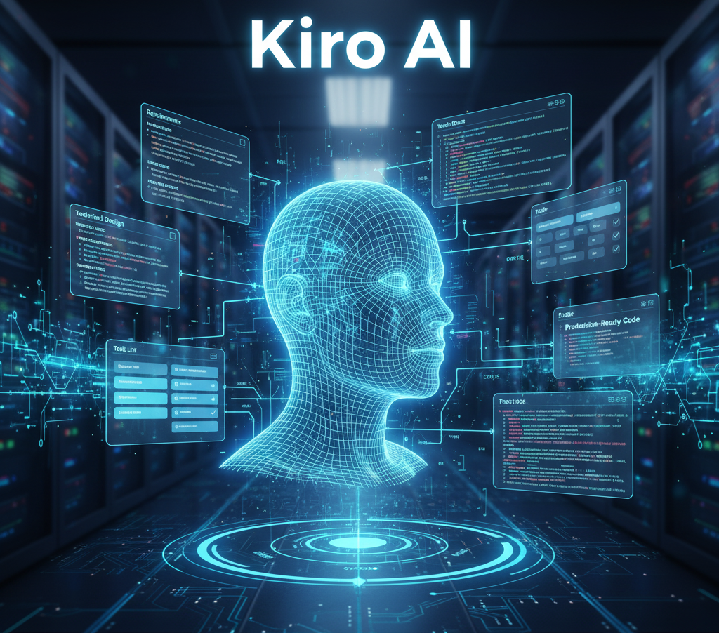 A futuristic, dark image with the glowing "Kiro AI" logo in the center. The logo is surrounded by holographic screens displaying software architecture diagrams, project roadmaps, and code, representing an AI that acts as a software development architect and manager