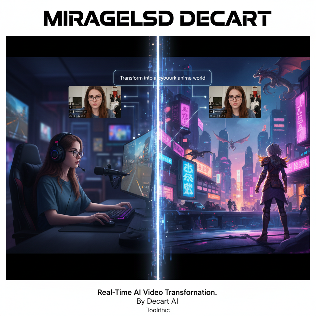 A futuristic, stylized image showing a live video feed being transformed by MirageLSD. The central figure is a gamer, and the screens around them show a live video feed being transformed into a stylized, fantastical version in real-time, representing the power of AI to transform live streams