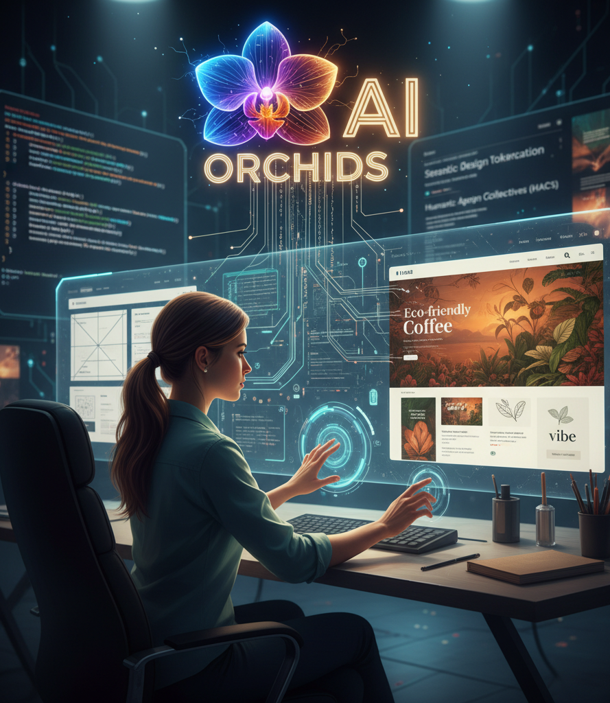 Vibe Coding in action with Orchids AI. A woman co-designs a unique website using a conversational AI interface overlaid with circuit lines, symbolizing the platform's ability to translate abstract human aesthetic "vibe" into sophisticated, non-generic digital architecture.
