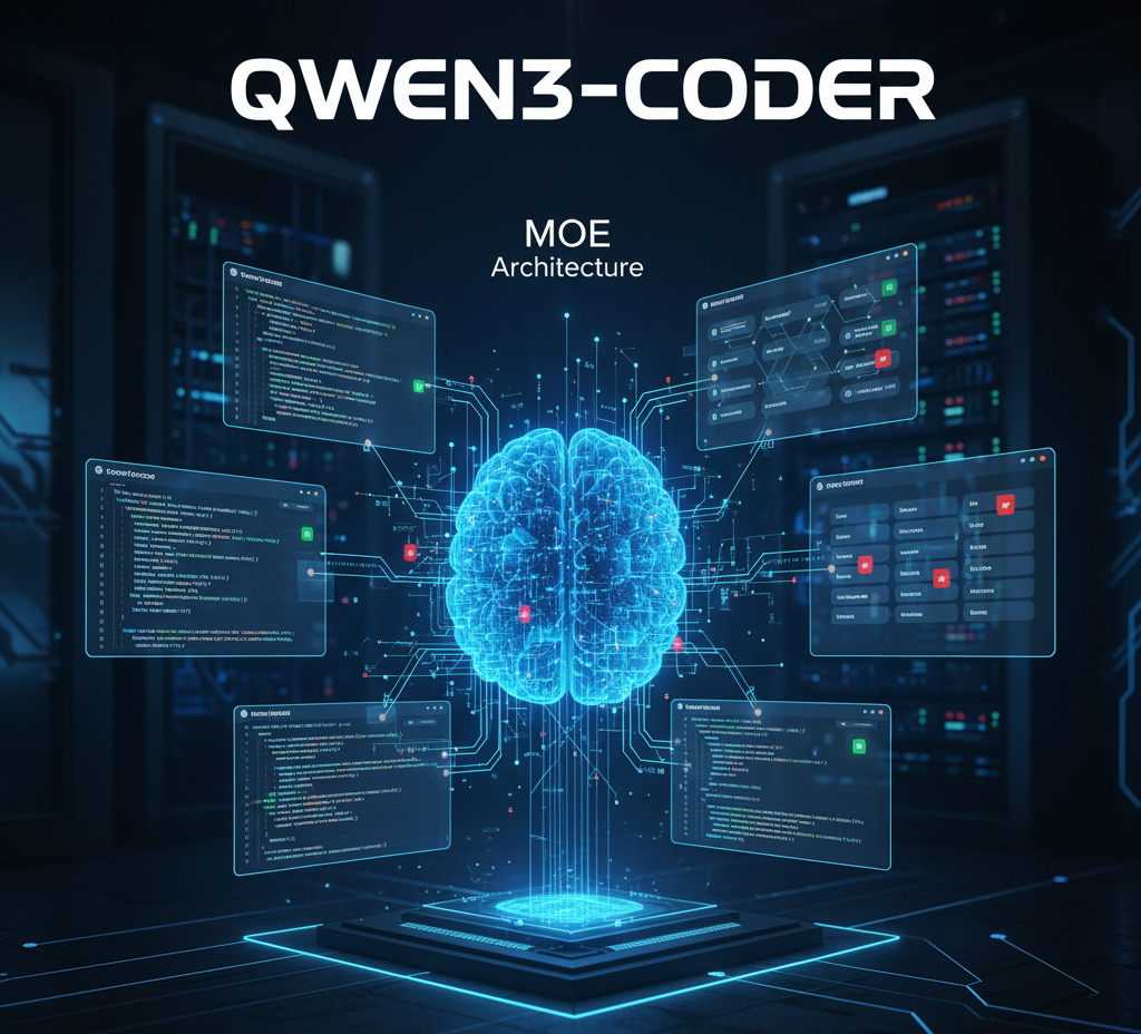 A futuristic, dark image with the glowing "Qwen3-Coder" logo in the center. The logo is surrounded by holographic screens displaying complex code snippets, data streams, and project files, representing an AI that acts as a full-stack developer, writing and managing software.