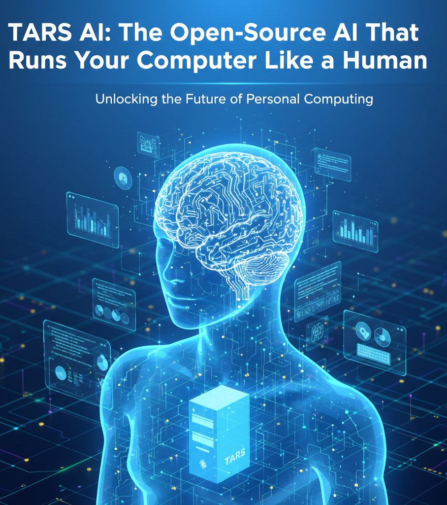 A futuristic, transparent blue figure of a human with a glowing brain made of circuit patterns. The figure is surrounded by holographic data screens displaying graphs, code, and interfaces. At the base of the figure, a small, glowing server box labeled "TARS" is visible. The overall image represents the integration of a human-like AI with a computer system, with the title "TARS AI: The Open-Source AI That Runs Your Computer Like a Human" at the top
