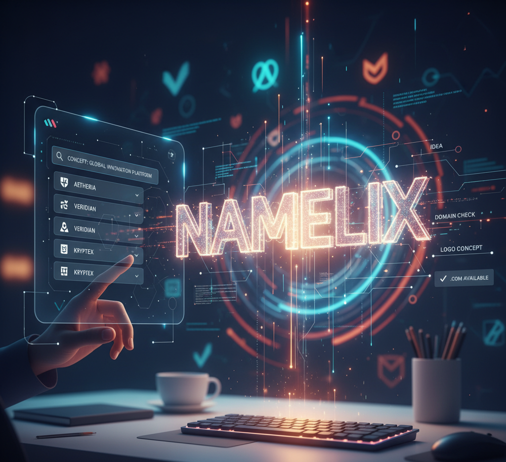 Namelix AI interface generating unique, brandable business names with a live domain availability check and logo concept visualization.