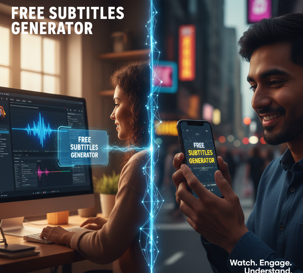 A split image showing the process and result of a free subtitles generator. On the left, a woman is editing a video on a desktop computer, with a "FREE SUBTITLES GENERATOR" pop-up in front of an audio waveform. A blue glowing data stream connects this to the right side, where a man is happily watching a video with clear "FREE SUBTITLES GENERATOR" captions on his smartphone in a city environment. The overall image highlights the ease of video subtitling from creation to consumption, powered by AI.