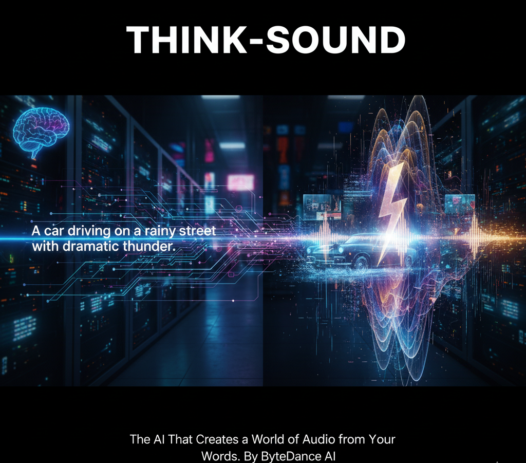 A futuristic, high-tech image showing a glowing text prompt in a digital interface transforming into a complex, high-fidelity audio waveform, representing the process of a Text-to-Audio (TTA) AI model creating sound from words