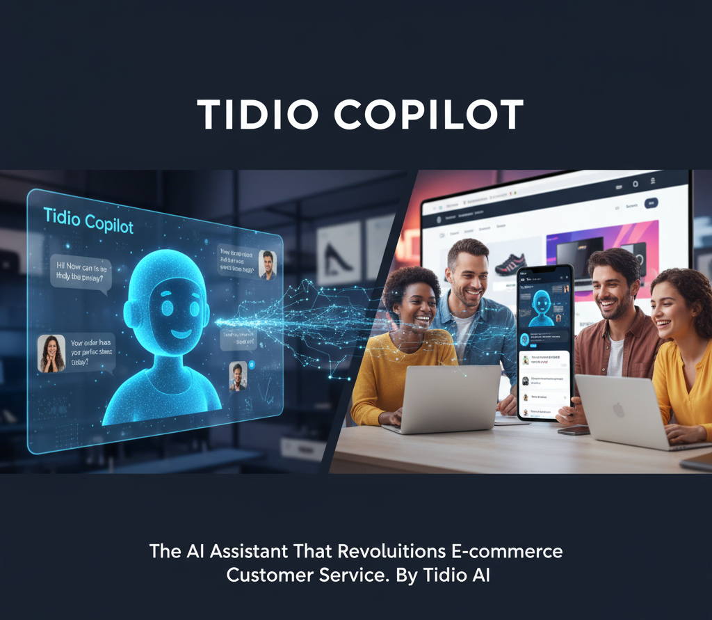 A futuristic, dark image with the glowing "Tidio Copilot" logo in the center. The logo is surrounded by holographic screens displaying a chatbot interacting with customers, recommending products, and answering queries, representing an AI-powered live chat assistant for e-commerce.