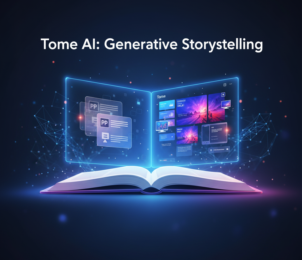 A visual representation illustrating the dual role of Tome AI. The left side of an open digital book (Tome) shows faint, static designs resembling traditional slides, representing past presentation methods. The right side features a dynamic, AI-generated, mobile-responsive interface with generative images and icons for live data embeds. A glowing blue digital circuit pattern is visible in the background, symbolizing the underlying power of AI