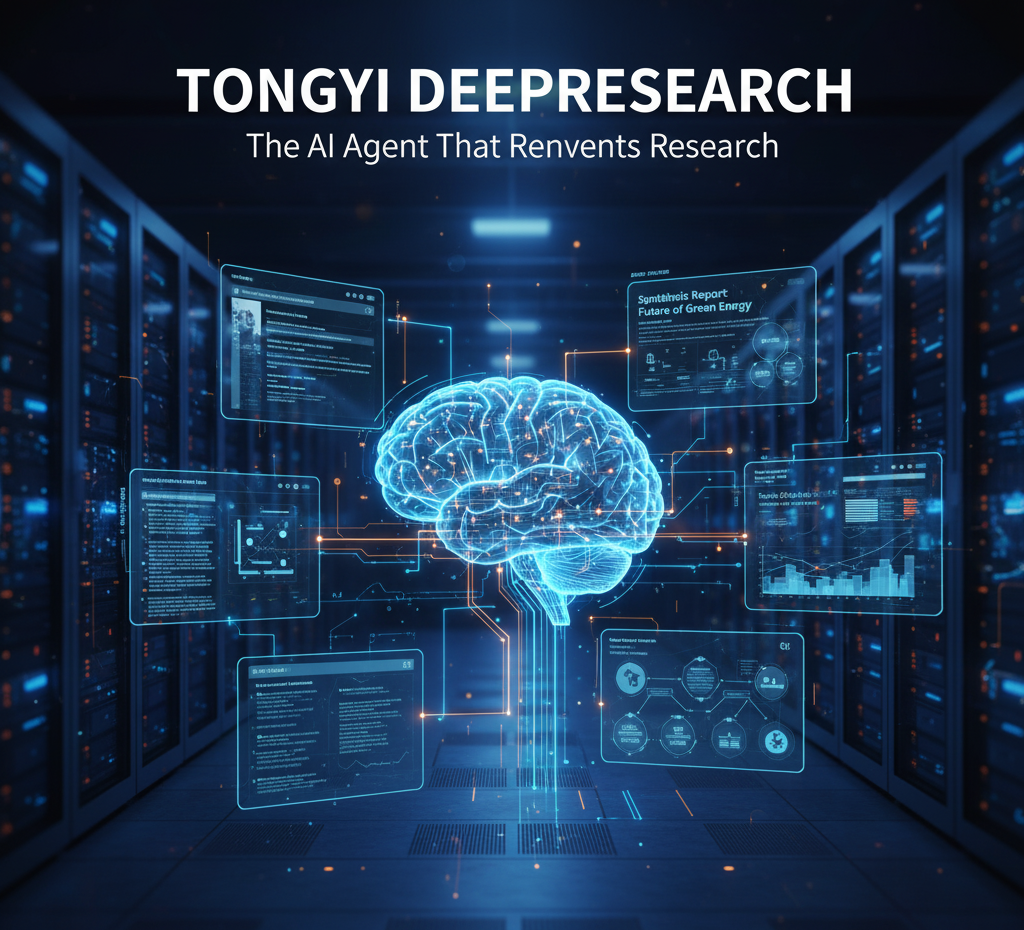 A futuristic, dark image with the glowing "Tongyi DeepResearch" logo in the center. The logo is surrounded by holographic screens displaying web pages, research papers, data charts, and reports, representing an AI agent performing deep research by browsing the web and synthesizing information.