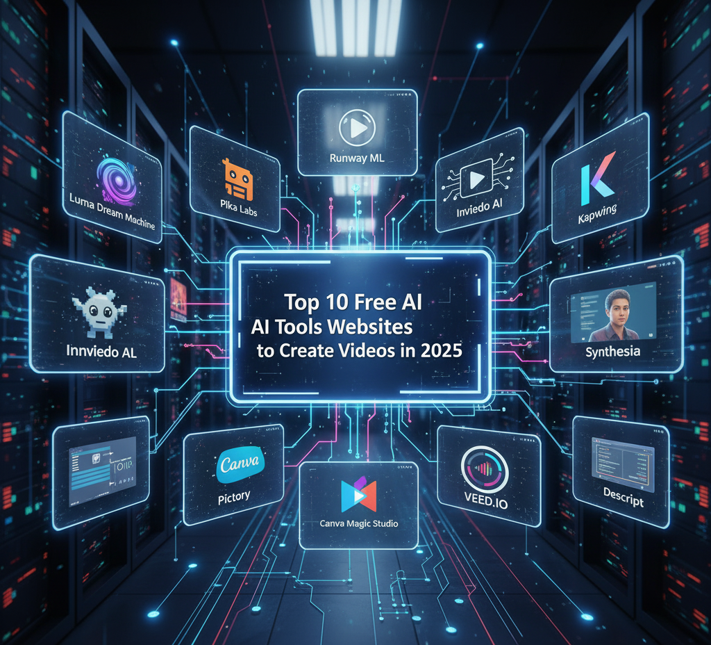 A futuristic server room environment showcasing a central holographic display with the title 'Top 10 Free AI Tools Websites to Create Videos in 2025'. Surrounding it are individual glowing panels, each representing one of the 10 AI video creation tools: Luma Dream Machine, Pika Labs, Runway ML, Invideo AI, Pictory, Canva Magic Studio, VEED.IO, Synthesia, Kapwing, and Descript
