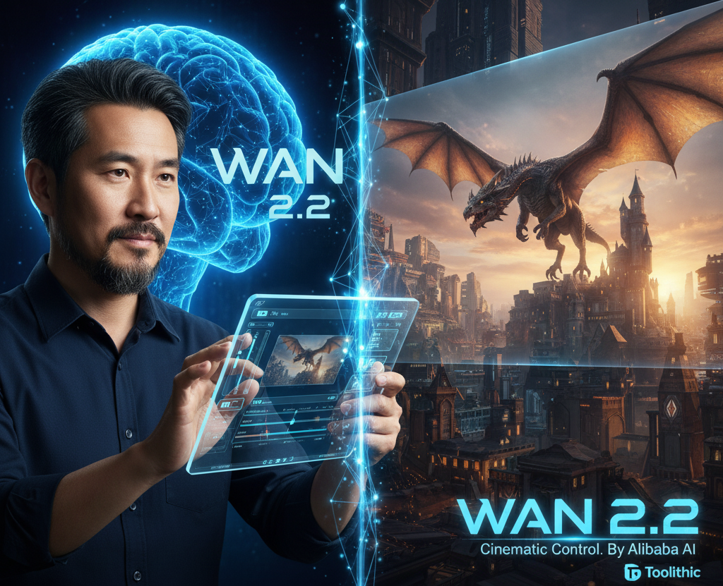 A futuristic, dark image with the glowing "Wan 2.2" logo in the center. The logo is surrounded by glowing, holographic screens displaying high-quality, cinematic videos with consistent scenes, including a fantasy dragon in the background. The image represents the power of AI in generating professional, controlled video content