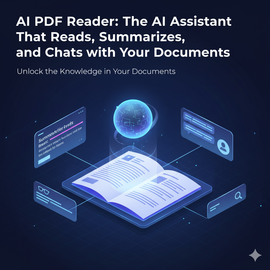 A digital illustration featuring an open book at the center, representing documents. Above the book, a glowing, interconnected sphere symbolizes AI processing. Surrounding the book are various holographic interface elements: a text box displaying "Summarization" and example text, a chat bubble icon, a magnifying glass icon for search, and a pair of glasses indicating reading. The overall composition suggests an AI assistant interacting with and extracting information from documents, with the title "AI PDF Reader: The AI Assistant That Reads, Summarizes, and Chats with Your Documents" at the top.