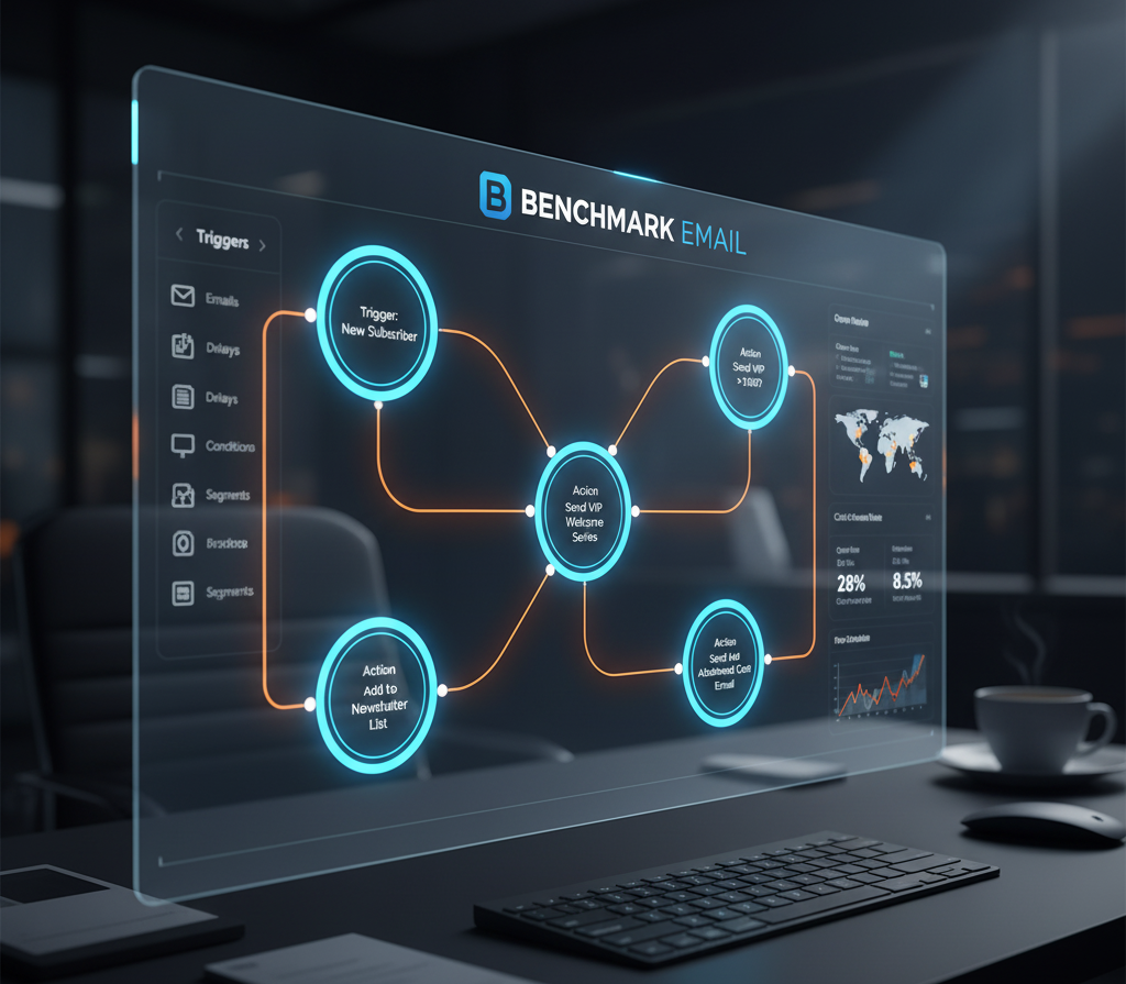 Benchmark Email's visual marketing automation workflow builder displayed on a futuristic transparent screen, showing a complex customer journey with triggers, actions, and real-time analytics for email campaigns.