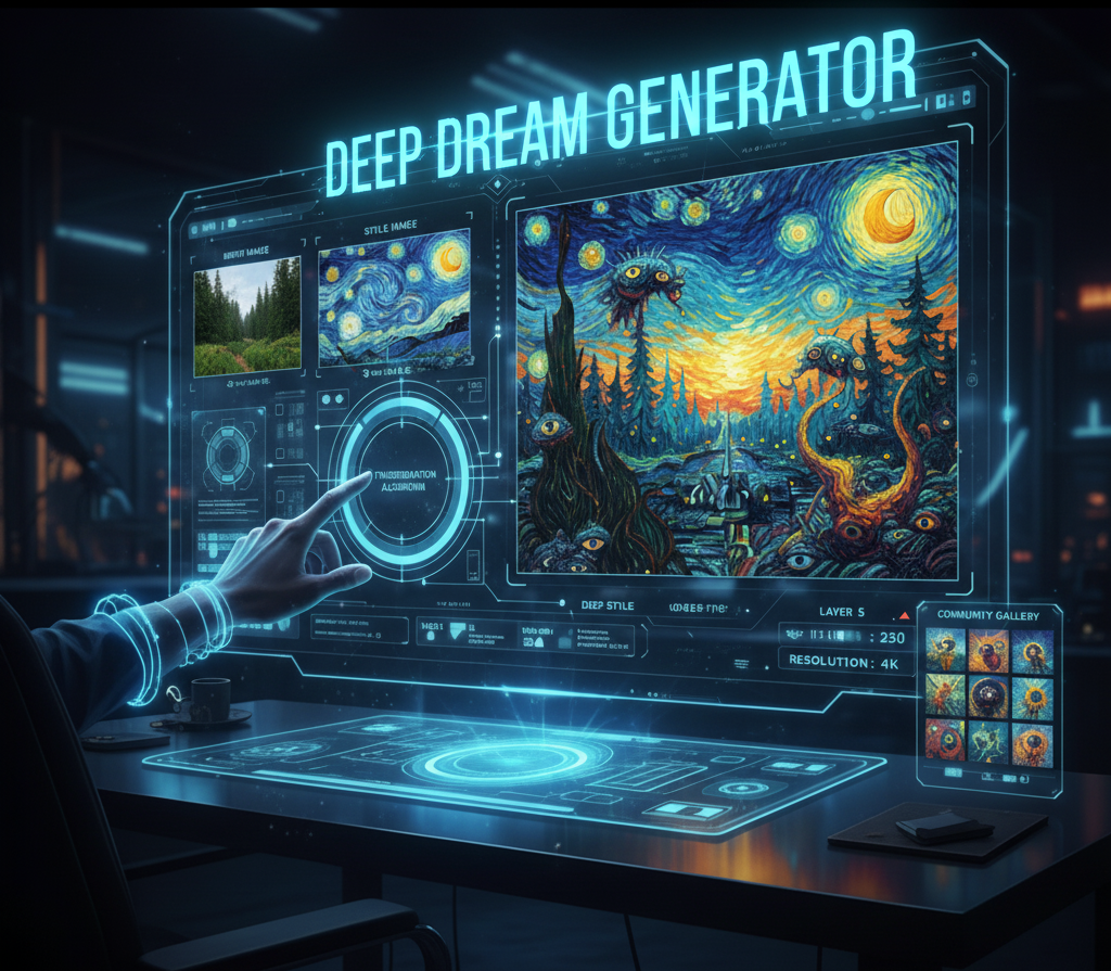 A mesmerizing, intricate image generated by the Deep Dream Generator, showing a surreal fractal landscape with eyes and animal patterns emerging from the complex textures.